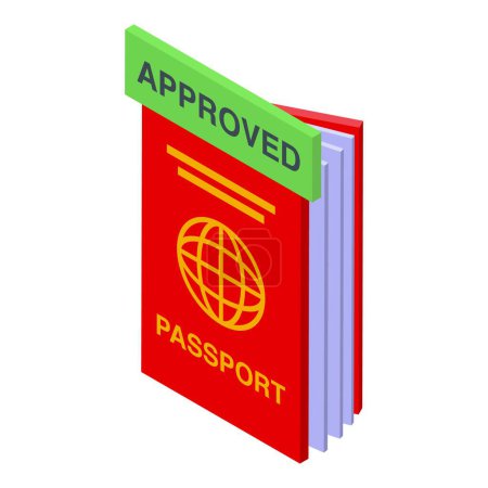Colorida ilustración isométrica vectorial del sello de pasaporte aprobado para la autorización de documentos de viaje. Identidad oficial de inmigración. Sello de homologación rojo y verde para el control de fronteras