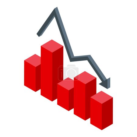 Ilustración isométrica 3d del gráfico en declive con barras vectoriales rojas y grises que representan la pérdida de datos de las finanzas empresariales y la tendencia a la baja en las ventas y la recesión del mercado para el análisis de los resultados económicos