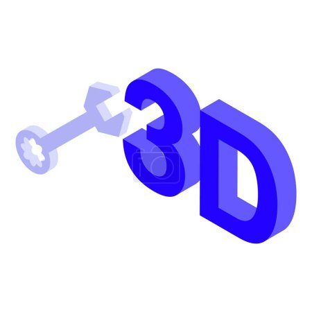 Illustration de concept d'impression 3D avec technologie isométrique, clé argentée, texte bleu et fabrication additive innovante