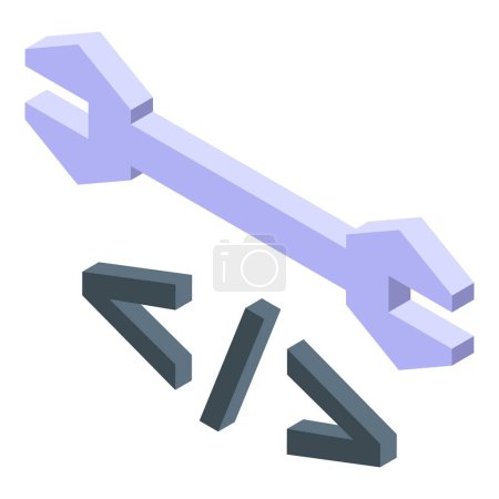 3D-isometrische Darstellung eines Schlüssels und drei Schrauben auf weißem Hintergrund