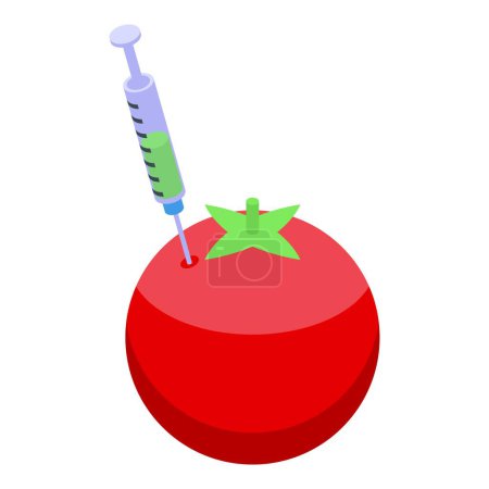 Stylized illustration depicting a syringe injecting a green substance into a ripe red tomato