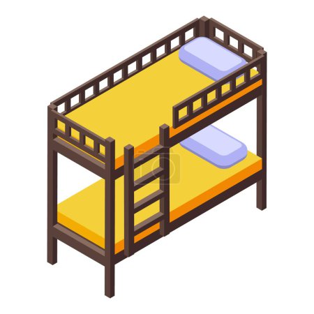 Illustration isométrique 3d présentant un lit superposé en bois avec matelas et échelle
