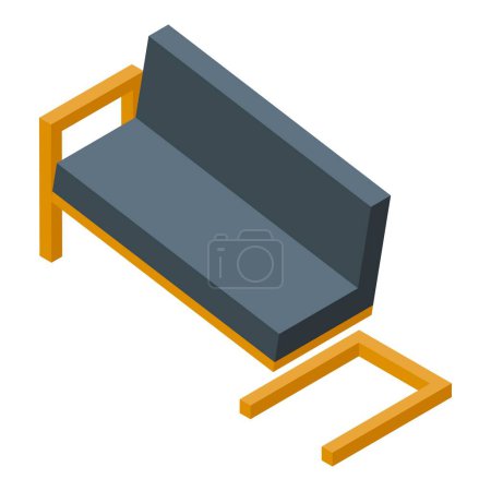 Diseño isométrico minimalista de un sofá moderno con marco de madera, aislado en blanco