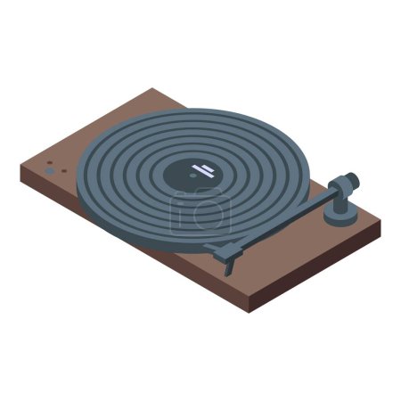 Illustration isométrique détaillée d'un tourne-disque vinyle moderne sur une base en bois