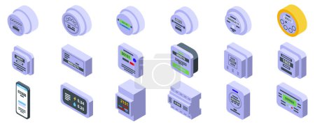 Household meters icons isometric set vector. A collection of electronic devices including a cell phone, a clock, and a digital scale. The devices are all white and arranged in a grid