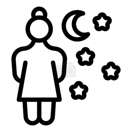 Grafisches Symbol mit einer weiblichen Figur mit Mond und Sternen, die Nacht- oder Schlafmotive darstellt