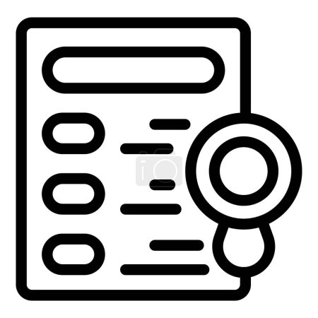 Black and white line art illustration of a checklist clipboard with a magnifying glass