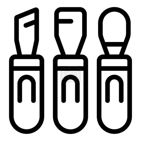 Black and white graphic of three different types of screwdrivers, depicting a flathead, phillips, and hex tool