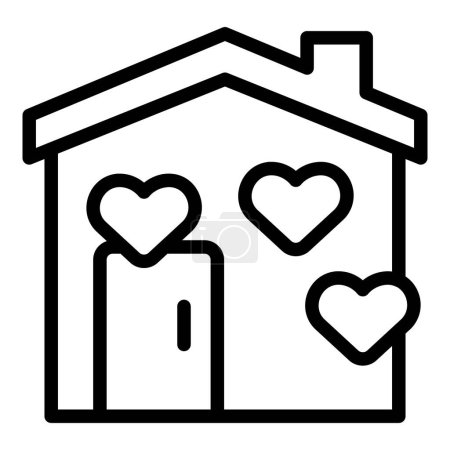 Black outline of a house with three heart symbols representing love and family