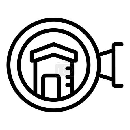 Monochrome vector illustration of a house symbol combined with a megaphone, representing real estate promotion