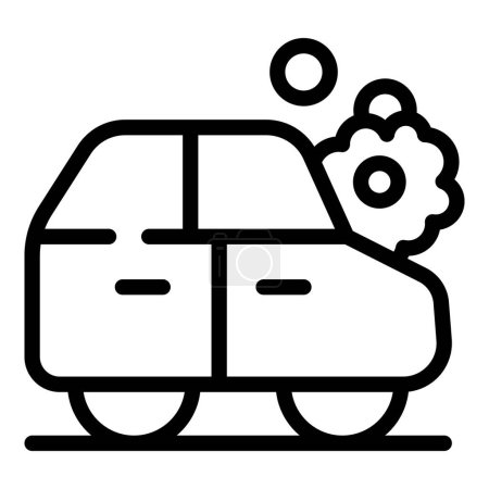 Black and white line art icon illustrating an ecofriendly electric car with gear and bubbles symbols