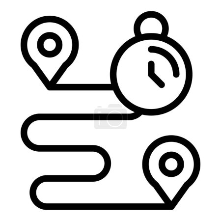 Schwarz-weißes Symbol zur Darstellung einer Route mit Uhrzeit und Zielmarkierung