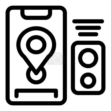 Vereinfachte schwarze Linien-Kunstsymbole, die eine Smartphone-Karten-App und ihre Verkehrswarnfunktion darstellen