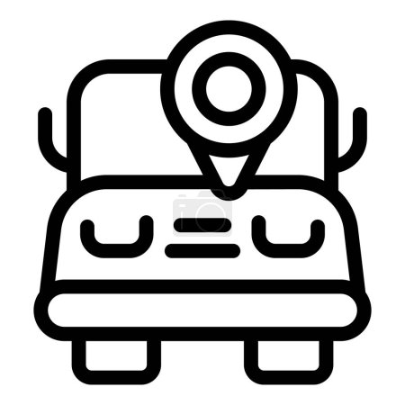 Black and white line art icon of a taxi with a location pin symbol on top