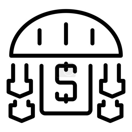 Black outline vector icon illustrating financial security with a shield, dollar sign, and downward arrows