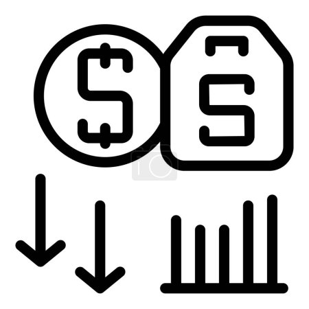 Black and white line icons depicting currency devaluation, falling stocks, and market data analysis