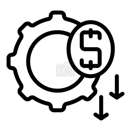 Vector icon depicting cost reduction in black and white. Simple graphic design with gear and dollar sign