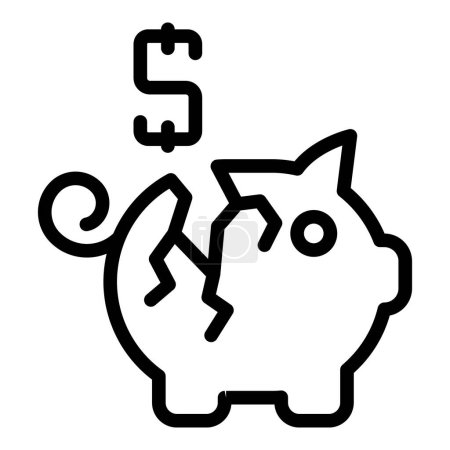 Icono de vector de contorno negro que representa una alcancía agrietada con un símbolo de dólar flotante, que representa la pérdida financiera