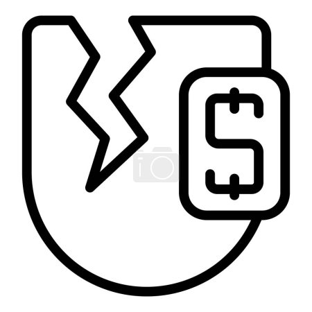 Vecteur noir et blanc d'un bouclier fissuré avec un signe dollar, symbolisant une atteinte à la sécurité financière