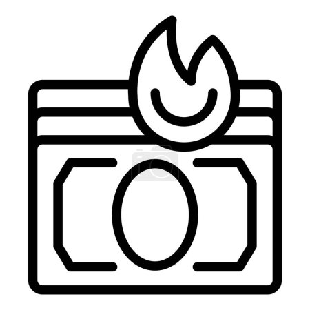 Illustration of a simple minimalist flaming money line icon representing financial crisis, burning expenses, and loss of cash, depicting the concept of economic downturn and wealth destruction