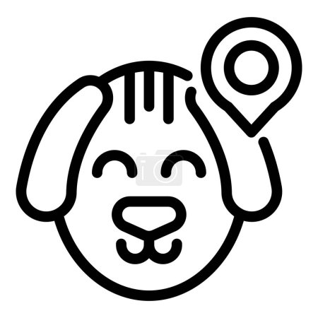 Black and white line art of a smiling dog face with a location pin above its head, symbolizing pet tracking