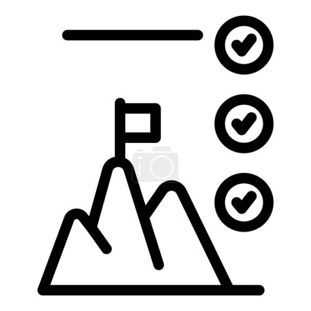 Minimalist black and white mountain peak success icon illustration with flag and checkmark. Representing achievement. Goal. Victory. And accomplishment. Scalable vector design
