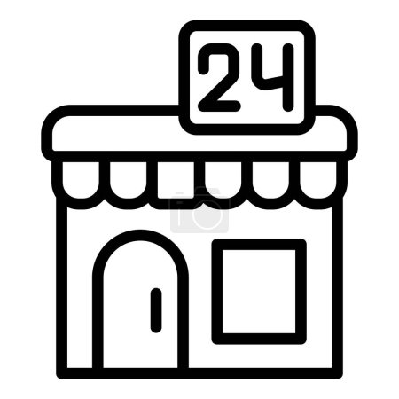 Black and white line art icon of a 24hour convenience store with a simple design