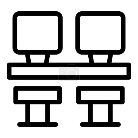 Modern dual computer workstations icon with black and white minimalistic design for professional office environment, featuring ergonomic chairs, double monitors, and organized workspace