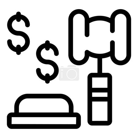 Icono de contorno negro de un mazo de jueces con símbolos de dinero, que representan honorarios legales o fallos financieros