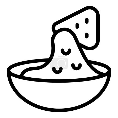 Línea de arte en blanco y negro ilustración de un tazón de salsa de queso nacho con un chip