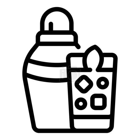 Schwarz-weiße Linienzeichnung einer wiederverwendbaren Wasserflasche neben einem gemütlichen Lagerfeuer