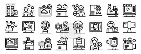 Product review blogger icons outline set vector. A series of icons for social media and video sharing. The icons include a person with a camera, a person with a microphone, a person with a video