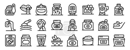 Cosmetic scrub icons outline set vector. A collection of various items related to beauty and personal care. The items include a bottle of lotion, a jar of face cream, a bottle of shampoo, and a bottle