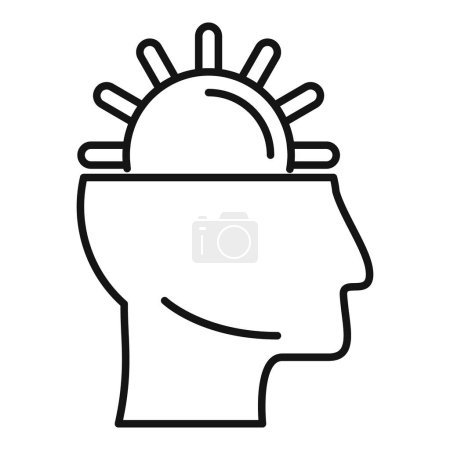 Flat line icon depicting a human head silhouette with a sun motif symbolizing enlightenment