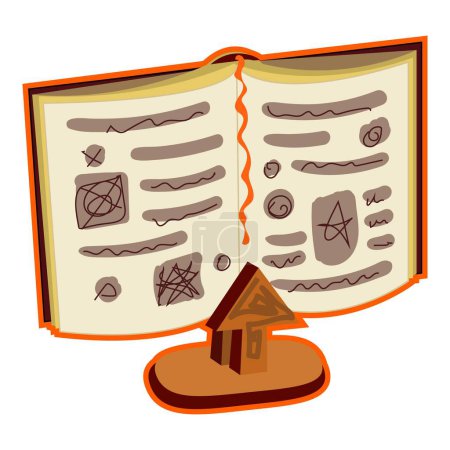 Illustration d'un livre magique ouvert avec des symboles et une petite cabane en bois, invoquant des thèmes fantastiques