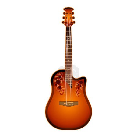 Illustration d'une guitare acoustique brillante avec des détails décoratifs sur un fond blanc pur