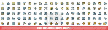 100 distribution icons set. Color line set of distribution vector icons thin line color flat on white