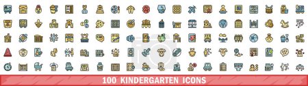 100 kindergarten icons set. Color line set of kindergarten vector icons thin line color flat on white
