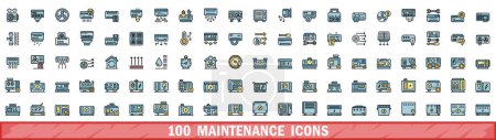 Ilustración de 100 iconos de mantenimiento. Línea de color conjunto de iconos vectoriales de mantenimiento línea delgada de color plano en blanco - Imagen libre de derechos
