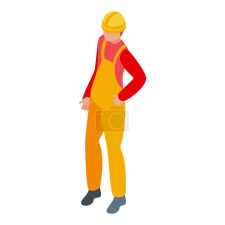 Construction worker wearing a hard hat and yellow overalls is standing with one hand on his hip