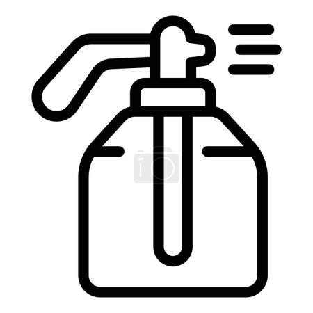 Simple black outline icon of a spray bottle spraying liquid, isolated on a white background