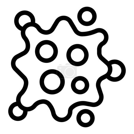 Simple line art icon of a virus with an irregular shape, surrounded by molecules floating around