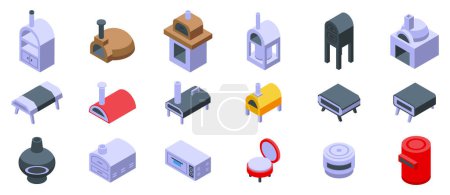 Pizza oven icons set. Set of icons representing different types of pizza ovens, showcasing their unique designs and functionalities for baking perfect pizzas