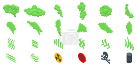 Conjunto de iconos tóxicos de nubes de humo. Se está propagando gas venenoso verde, incluyendo cráneo y huesos cruzados, símbolos radioactivos y de riesgo biológico