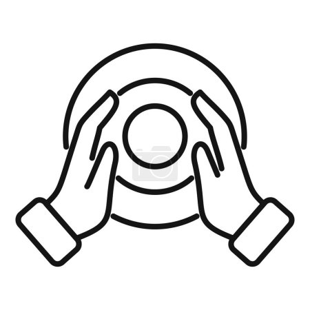 Outline icon of two hands holding an empty plate, symbolizing hunger, waiting for a meal, or the concept of an empty stomach