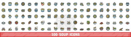 Ensemble de 100 icônes de soupe. Ensemble de lignes de couleurs d'icônes vectorielles de soupe couleur de ligne mince à plat sur blanc