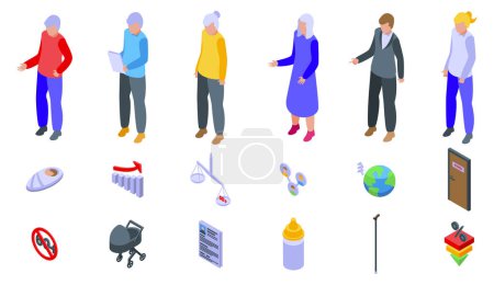 Social problem of aging society icons set. Elderly people standing and social issues icons are illustrating demographic crisis concept