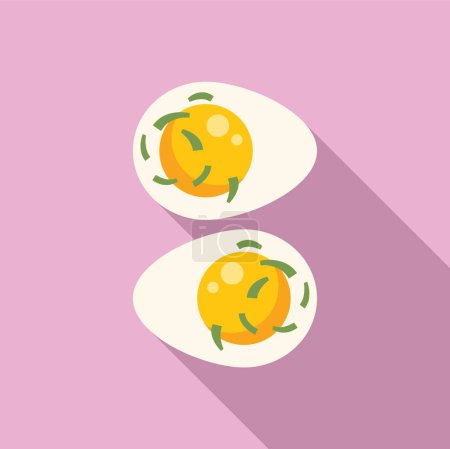 Two halves of a deviled egg are shown garnished with chives on a pink background with a long shadow