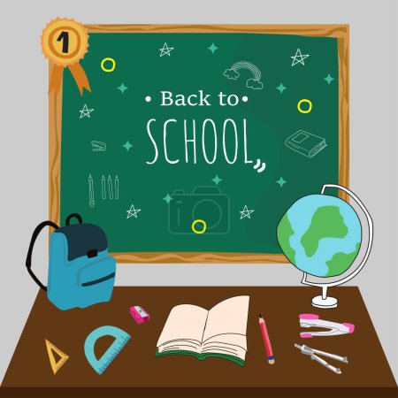 Illustration de fournitures de classe sur un bureau avec un tableau "Bienvenue à l'école" en arrière-plan.