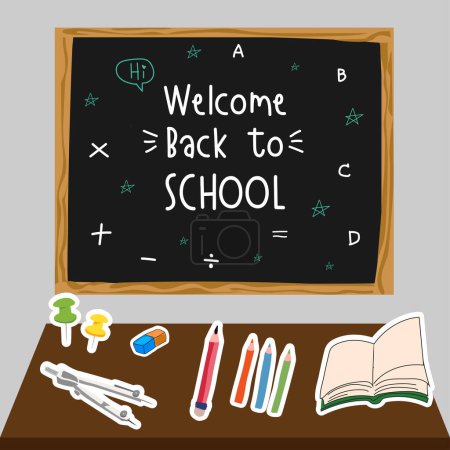 Ilustración de materiales de aula en un escritorio con una pizarra de "Bienvenido de vuelta a la escuela" en el fondo.